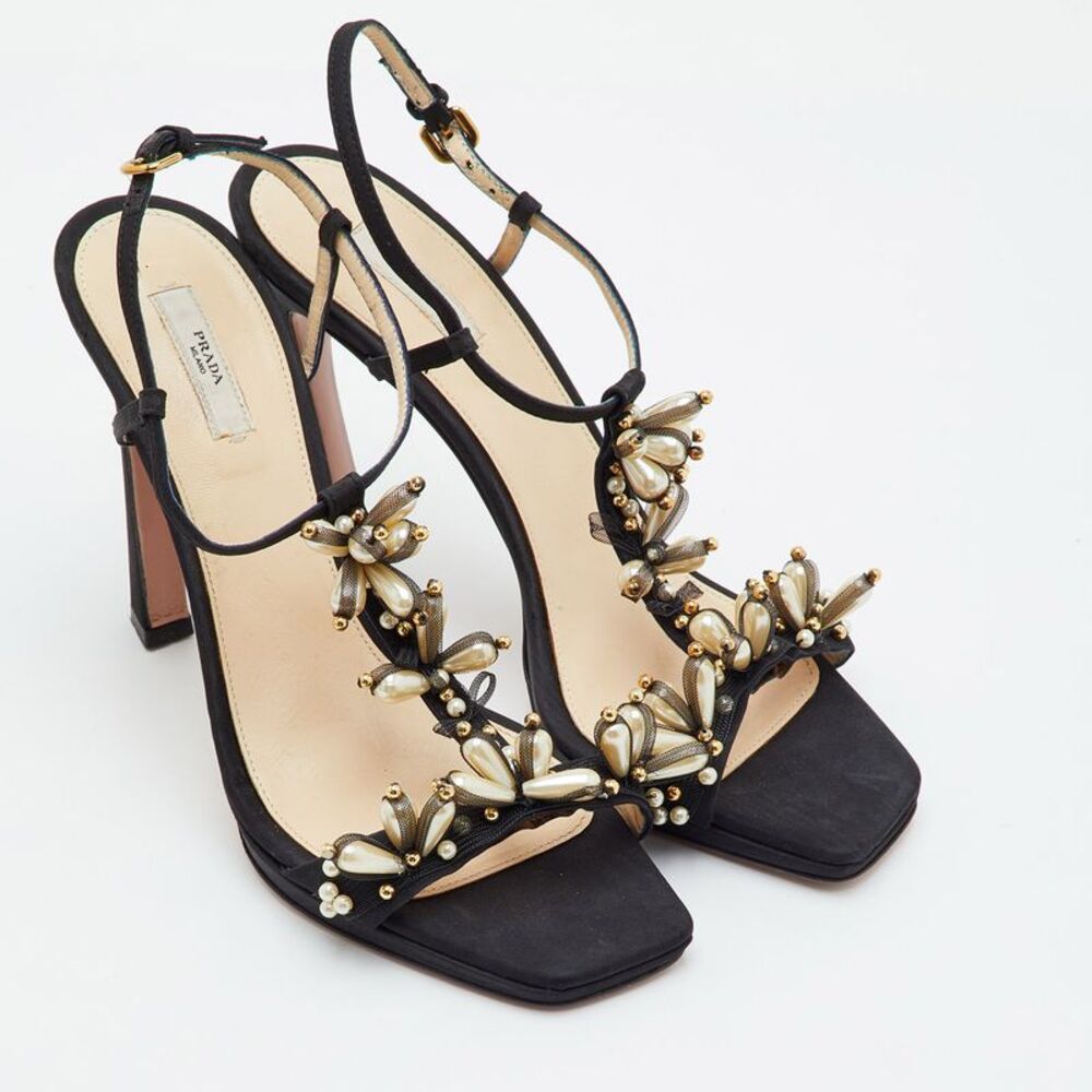 Prada Size 40.5 Black Fabric Embellished Ankle Strap Sandals - Picture 4 of 7